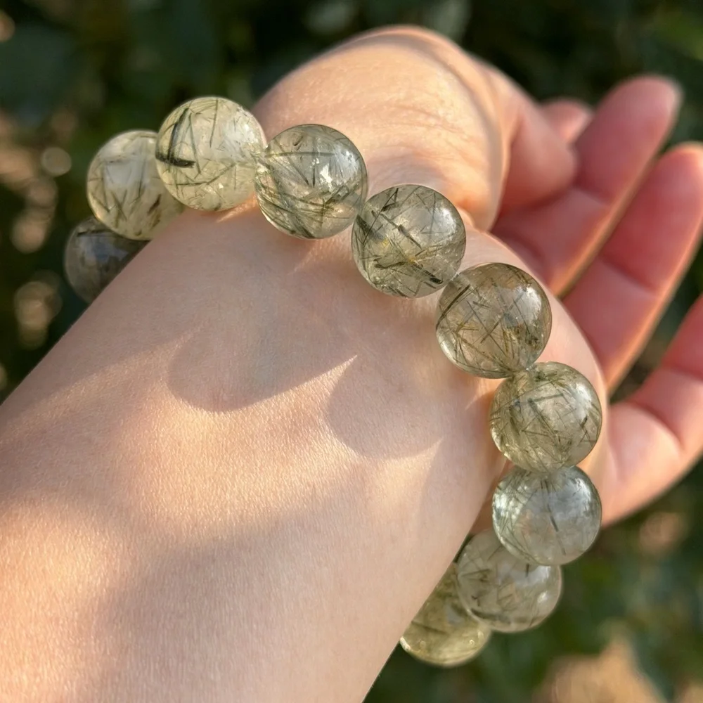 14mm stretchable high‎ quality translucent green rutilated quartz bracelet 1153